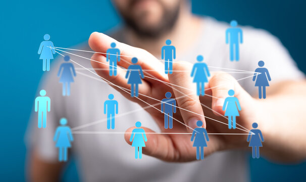 Connecting digital network, touch and communication with symbols of social interaction. Illustrates community a