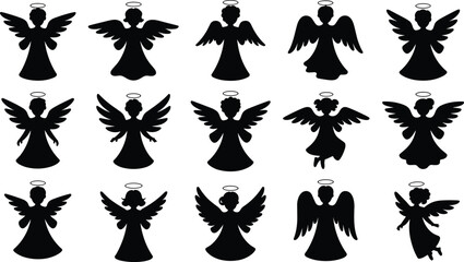 Angel silhouette vector set, cute heavenly figures with wings and halo, christmas decoration collection, holy spirit icons, religious symbols isolated.