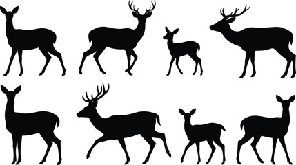 Deer silhouette vector set, black stag and doe collection, wild forest animal icons, nature mammal design element isolated on white.