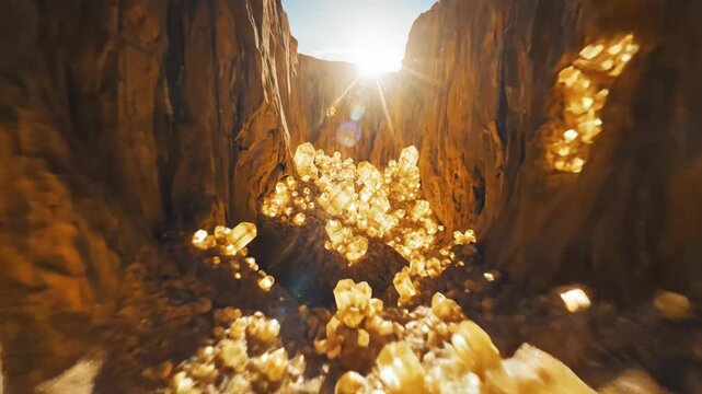 Sunlit canyon filled with glowing citrine crystals