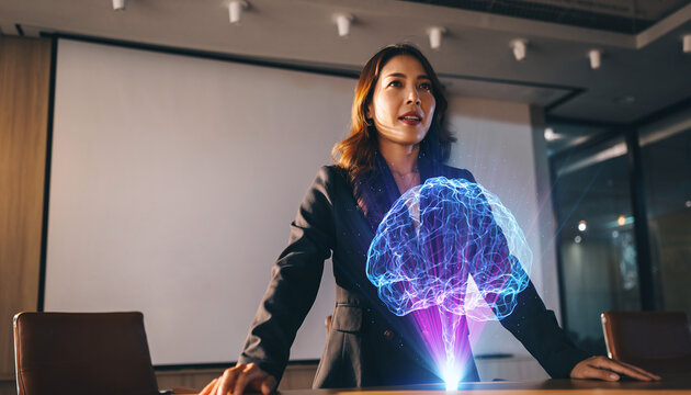 Strategic businesswoman captivates with a holographic brain presentation, demonstrating advanced AI and neuroscience innovations in a dynamic corporate environment