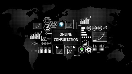 Online Consultation digital dashboard with global data visualization. Business, Technology, Internet and network concept, Abstract technology symbols on World Map Background