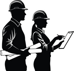 Black silhouettes of a male and female construction manager, architect, or engineer in hard hats reviewing blueprints and project notes on a clipboard.