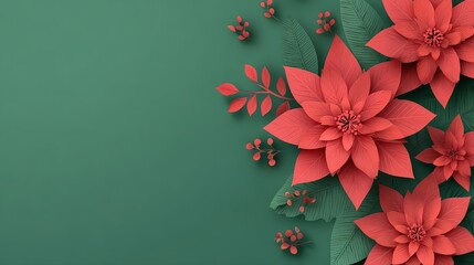 Poinsettia on green background, also known as Christmas flower, Christmas flower decoration, red and green foliage. Copy space