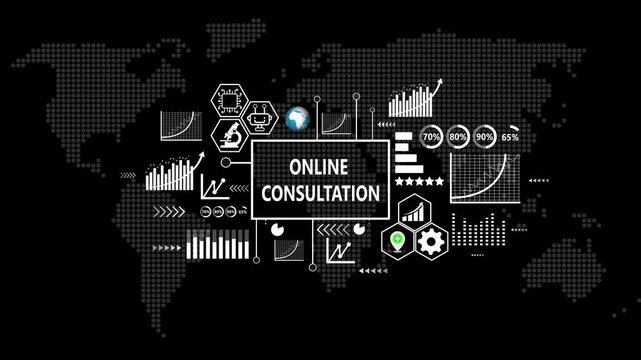 Online Consultation digital dashboard with global data visualization. Business, Technology, Internet and network concept, Abstract technology symbols on World Map Background