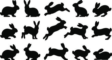Black rabbit silhouette vector set, collection of cute bunnies running and sitting, easter hare icons isolated on white background.