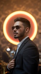 Handsome young businessman in a cool suit and sunglasses standing outdoors in the city smiling for a portrait of success