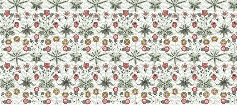 Seamless pattern. Beautiful pink blooming realistic isolated flowers. Vintage background William Morris Chamomile Roses wildflowers. Wallpaper. Drawing engraving. Vector victorian Illustration