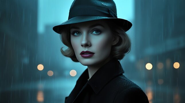 Mysterious woman in fedora hat at night in city