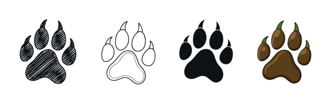Collection of four animal paw prints with claws, presented in various artistic styles including scribble, outline, solid black silhouette, and a simple brown cartoon illustration
