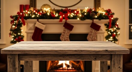 Festive christmas fireplace with stockings and lights, empty wooden table