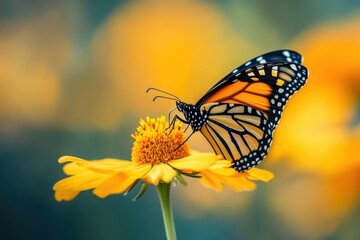 Monarch butterfly resting on yellow flower in bright sunlight