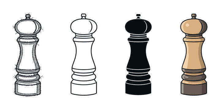 Set of four pepper mill illustrations showing different artistic styles including a hand-drawn sketch, a clean line art outline, a solid black silhouette, and a colored cartoon version