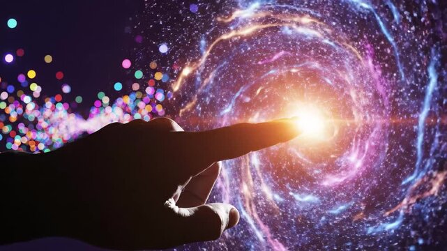 Hand pointing to a swirling galaxy with colorful lights, representing cosmic connection and technology