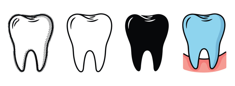 Set of four tooth icons showing different artistic styles including a hand-drawn sketch, a simple outline, a solid silhouette, and a colorful cartoon version with a gum