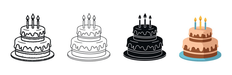 Set of four birthday cake illustrations showing different styles including sketch, line art, silhouette, and flat color design, each with two tiers, frosting, and three lit candles