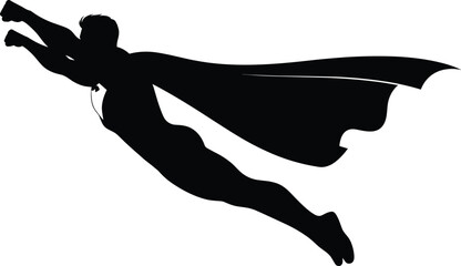 Flying superhero silhouette, wearing a flowing cape, surging forward with power and determination to save the day and achieve greatness