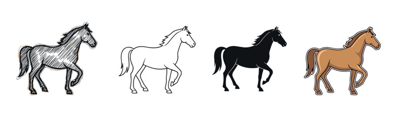 Obraz premium Set of four horse illustrations showing different artistic styles including hand-drawn sketch, simple line art, solid black silhouette, and a colored cartoon vector graphic