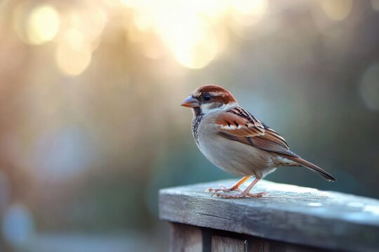Sparrow bird perched on a wooden rail outdoors in daylight