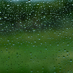 A rainy day window view. Rain drops on window. Condensed rain drop on the car glass window on a...