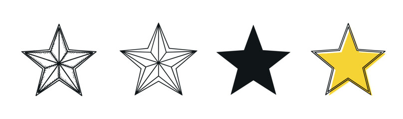 Obraz premium Collection of four different star icons showcasing various design styles including hand-drawn sketch, geometric line art, a solid black silhouette, and a yellow doodle