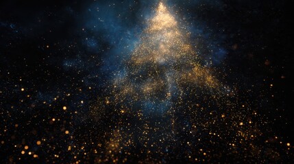 Fototapeta premium Abstract christmas tree formed by golden sparkling particles on a dark background with subtle blue smoky textures, festive holiday glitter concept art