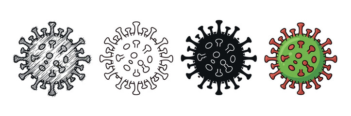 Four different hand drawn virus icons showing various artistic styles including sketch, outline, silhouette, and a full color cartoon illustration for medical or scientific concepts