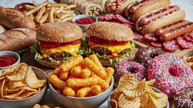 A tempting spread of classic fast food items including cheeseburgers, hot dogs, fries, and various snacks