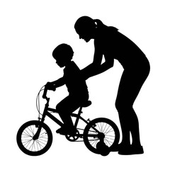 Obraz premium Black Silhouette of Parent Teaching Child to Ride Bicycle, Minimalistic Calm Family Interaction, Transparent Background.svg