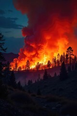 Fototapeta premium A raging wildfire consumes a dry forest, creating a dramatic landscape of smoke, ash, and fire-ravaged trees The intense heat and flames illuminate the night sky , climate change, global warming