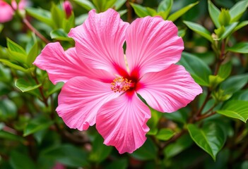 Delicate pink hibiscus blossom, vibrant petals, lush green foliage, macro, tropical