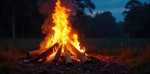 A roaring bonfire at night, fueled by donated items, casting an orange glow against the dark sky Perfect for charity, recycling, or community event themes , community, spring