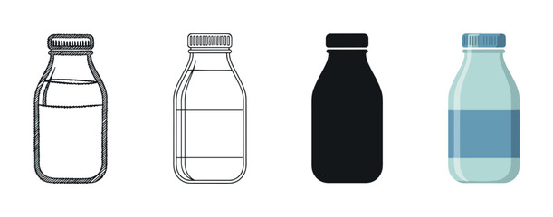 Four milk bottle illustrations in different styles including sketch, line art, silhouette, and flat color design, showcasing a versatile icon set for dairy and beverage concepts