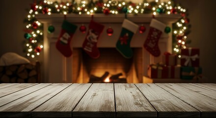 Cozy christmas fireplace with stockings, gifts, and fairy lights