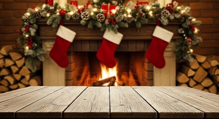 Cozy christmas fireplace with stockings and festive decorations