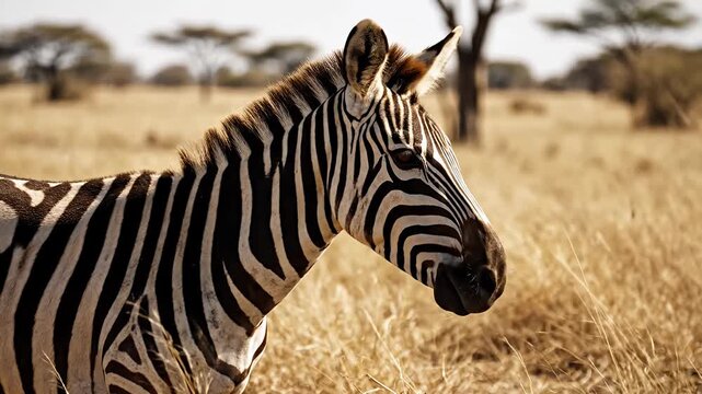 Striking close-up of a zebras head and body in profile highlighting its unique black and white stripes within the sunlit dry grasslands of an African safari