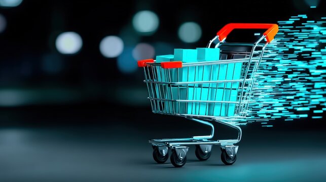 Dynamic e-commerce experience shopping cart in motion virtual marketplace digital art futuristic environment close-up view retail innovation