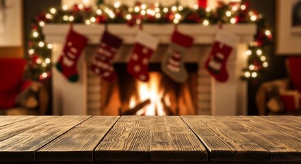 Cozy christmas fireplace with stockings and warm wooden table foreground