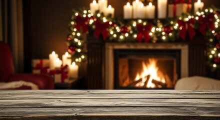 Cozy christmas fireplace with warm glow, festive decorations, and a wooden table.