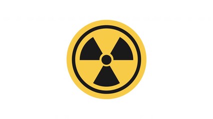 Circular radiation warning badge animation with thick yellow ring encasing a bold black nuclear emblem displayed in clean motion style prores alpha channel 4k 60fps