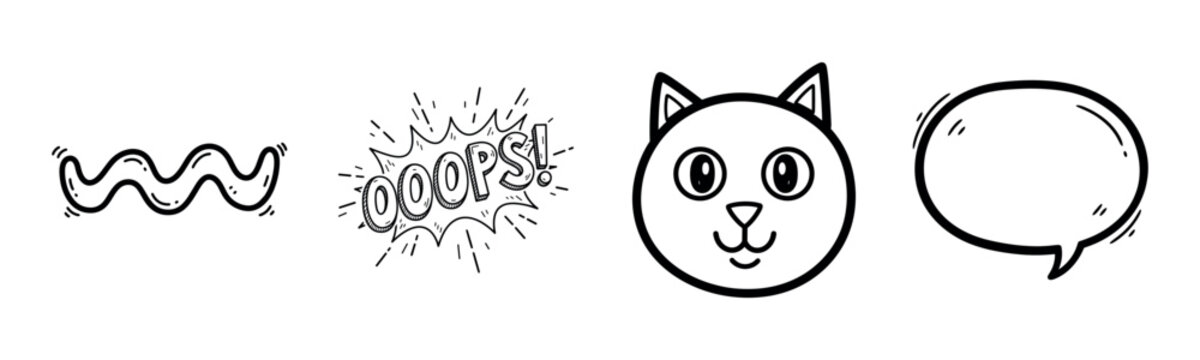Comic doodles: squiggle, oops text, cat face, speech bubble in black and white