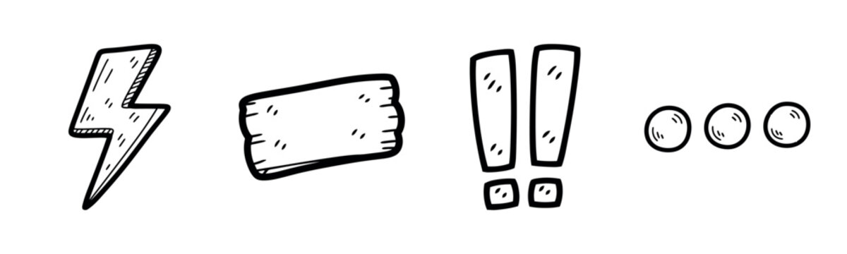 Hand-drawn comic style symbols: lightning bolt, blank sign, exclamation points, ellipsis