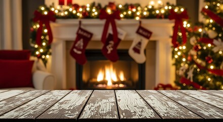 Cozy christmas fireplace scene with stockings, tree, and wood table