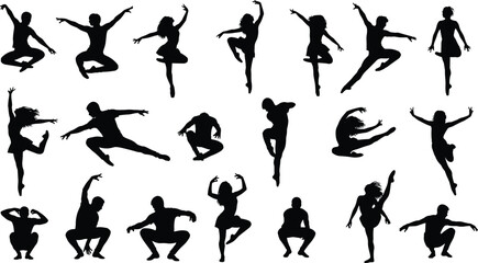 Set of multiple dancing silhouettes, men and women in various dynamic poses, performing ballet, hip hop, and modern contemporary artistic movements