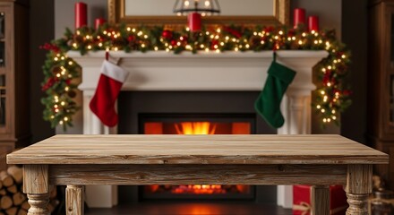Cozy christmas fireplace with decorated mantel and empty wooden table