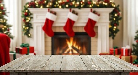 Cozy christmas fireplace scene with a rustic wooden table in foreground