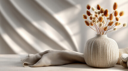 Ceramic vase with dried flowers and soft shadows