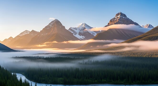 Mountain Peaks and Forested River Valley Bathed in Golden Morning Ligh