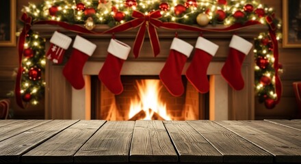 Cozy christmas fireplace with stockings and warm lights on wooden table