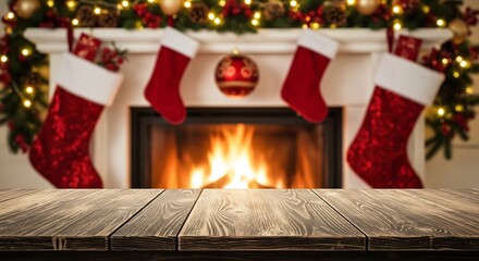 Cozy christmas fireplace with stockings and warm glowing fire
